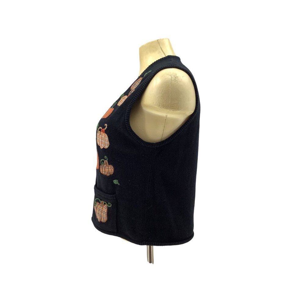Vintage 90’s Art To Wear Black Knit Vest Appliqué Pumpkins Fall Thanksgiving XL - Picture 3 of 6